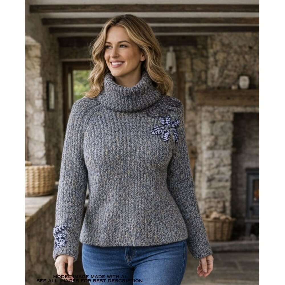 Vintage Mohair Blend Sweater S Turtleneck Patchwork Flare Sleeve Ribbed Cottage